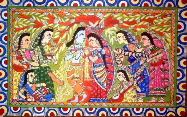 Radha Krishna with Gopikas - Madhubani Painting (4 x 2 feet)