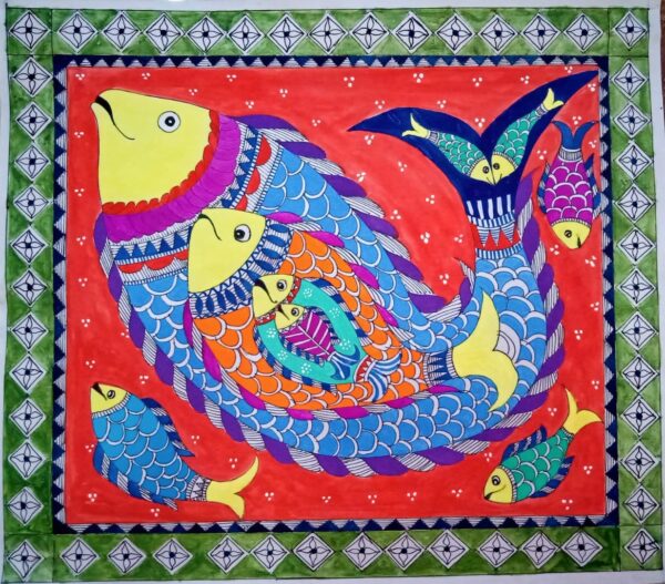 Happy Family Of Fish, Madhubani Painting