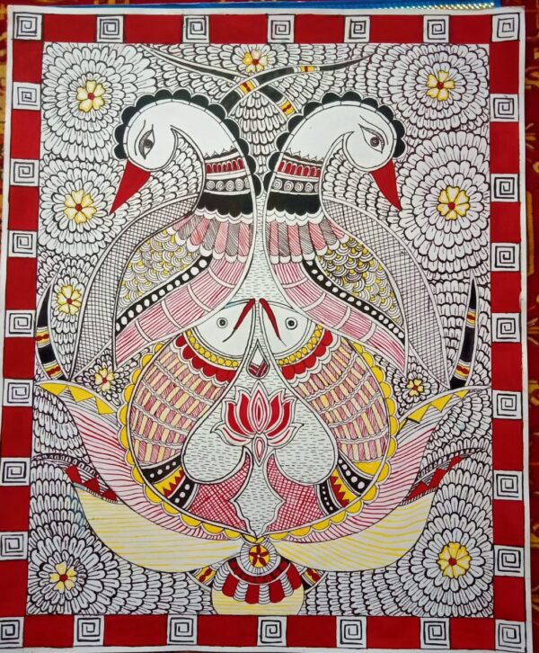 Bird and Fish Reflections, Madhubani Painting