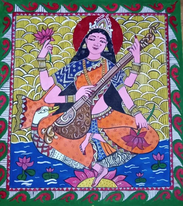 Mata Sarasvati, Madhubani Painting (1.5 x 2.5 feet)