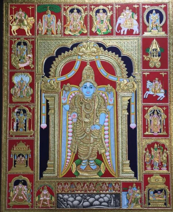 Maha Vishnu, Tanjore Painting (24 x 18 inches) - Teak wood board (22K Gold, Antique Style)