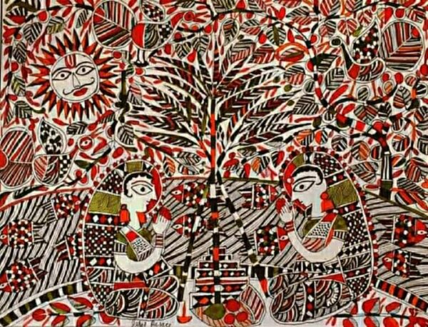 Chhathi Puja, acrylic on paper - Madhubani Painting (11" x 8")