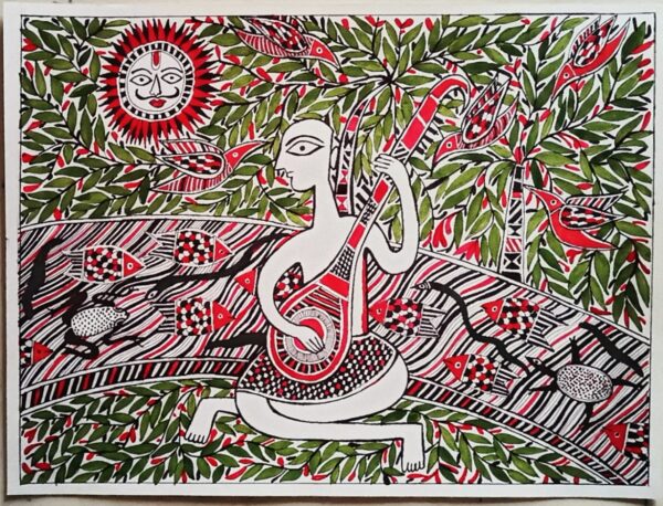 Sitar Player, Madhubani Painting (11" x 8")