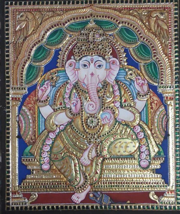 Vinayagar #3 (Ganesha), Tanjore Painting (24 x 18 inches) - Teakwood Board (22K Gold, Antique Style)