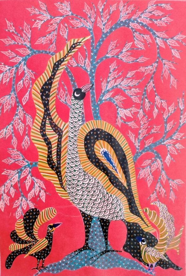 Mother Peacock, night life - Gond Painting (Size A3 - 30CM X 42CM)