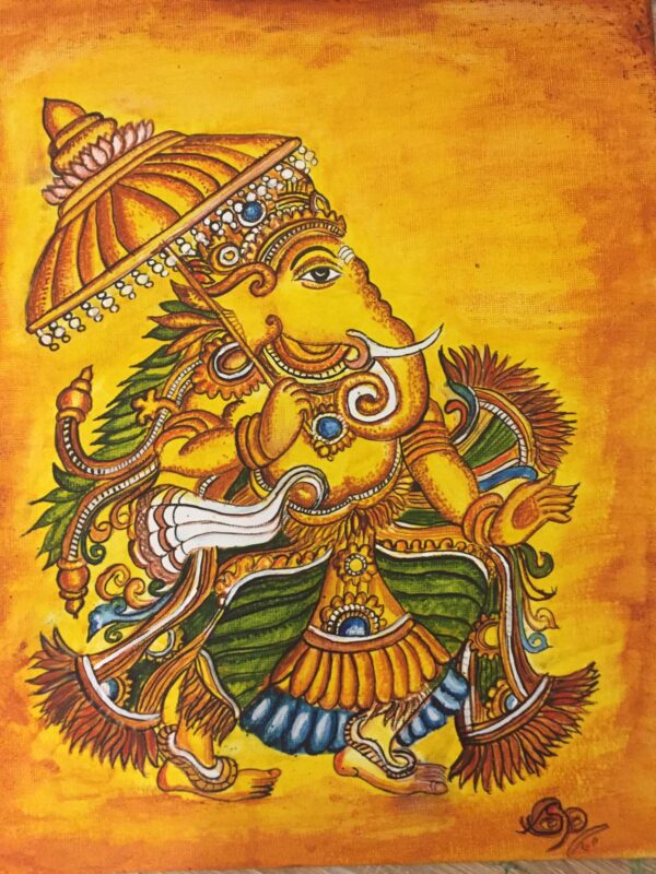 Ganapathy with Chatri, Kerala Mural (10 x 12 inches) - Acrylic and Water