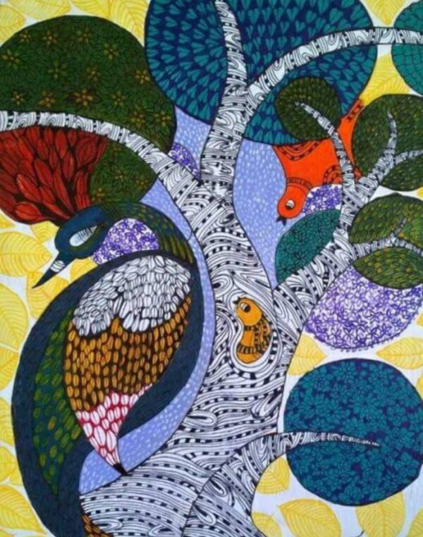 Peacock and Bird Nest - Gond Painting (56cm x 72cm)