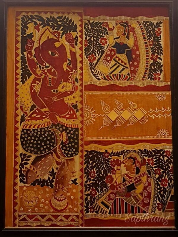 Ganesh, Saraswati and Lakshmi - Madhubani Painting (56cm X 72cm)