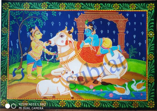 Krishna and Balaram with Kamadhenu, Pattachitra (18"x12")