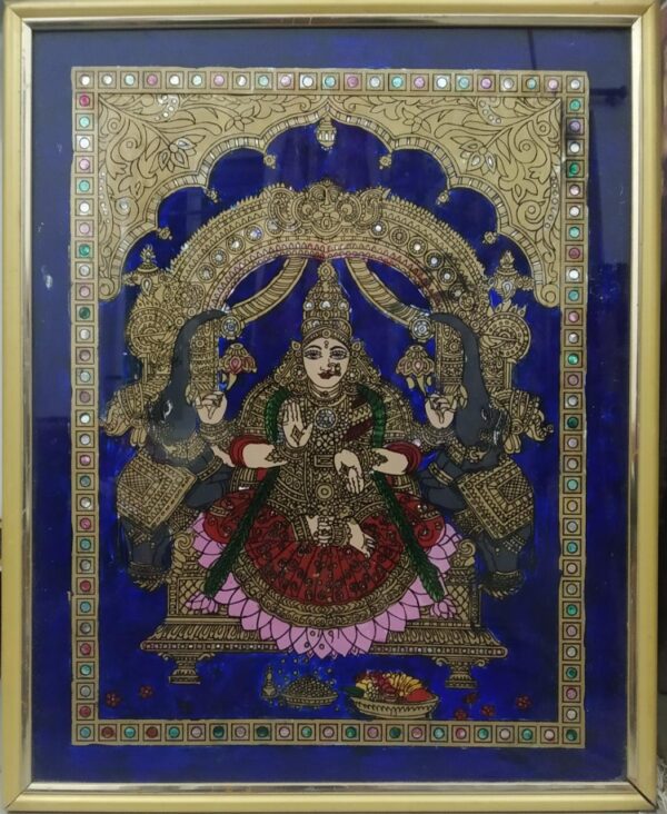 Gaja Lakshmi - Goddess, Reverse Glass Tanjore Painting (15" x 12")