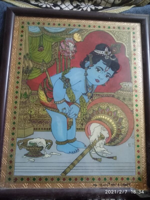 Baby Krishna - Reverse Glass Tanjore Painting (15"x12")