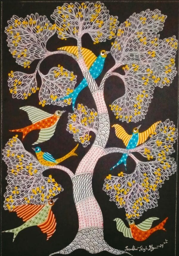 Night Life Tree - Gond Art (A3 -30 x 42 cms)