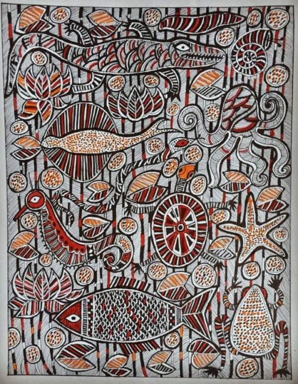 Water Life - Madhubani Art (A4)