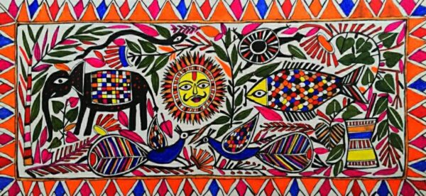 Sustainability Land, Water and Sky - Madhubani Painting (13.5" x 6")