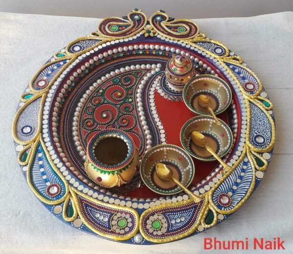 Hindu Puja Thali #1, with five decorative cups, Stainless Steel, 30 cm Dia