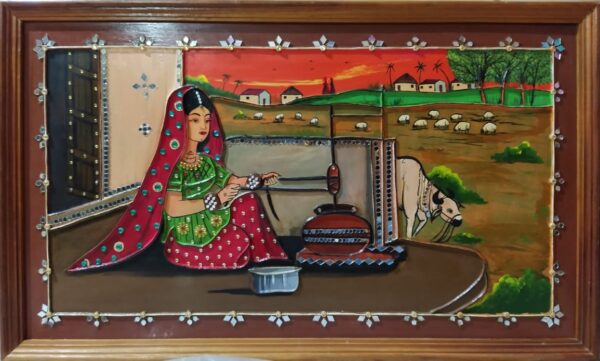 Village lady making butter - Lippan art (size with frame - 40"x24")