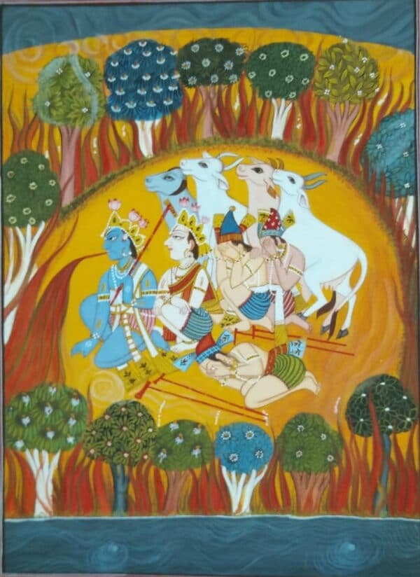 Krishna and Balaram - Rajasthani painting (9" x 12")