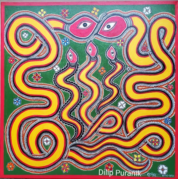 NAGAPANCHAMI (SNAKE FAMILY) - Madhubani painting 24"x24" Acrylic on Streched canvas