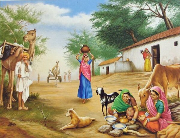 Rajasthan Village Scene- Rajasthani Painting (36 x 24 inches)