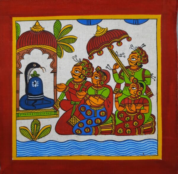 King and Queen in Shiva temple - Phad painting (8" x 8")