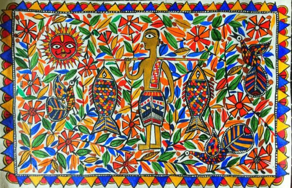 Fisherman - Madhubani painting (20.5" x 13.5")