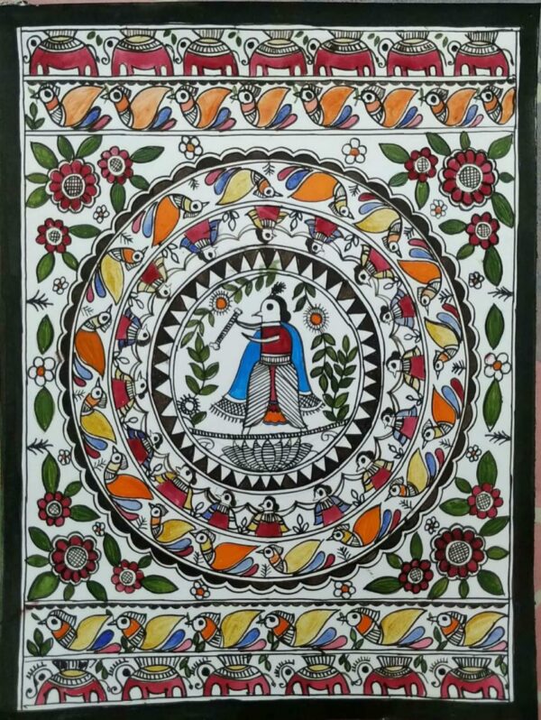 Krishna Raas Leela - Madhubani painting (11" x 14")