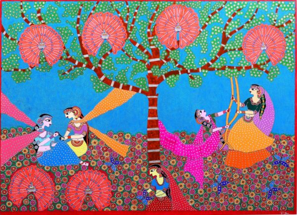 Girls enjoying Nature - Madhubani painting - Renu Singh - 09