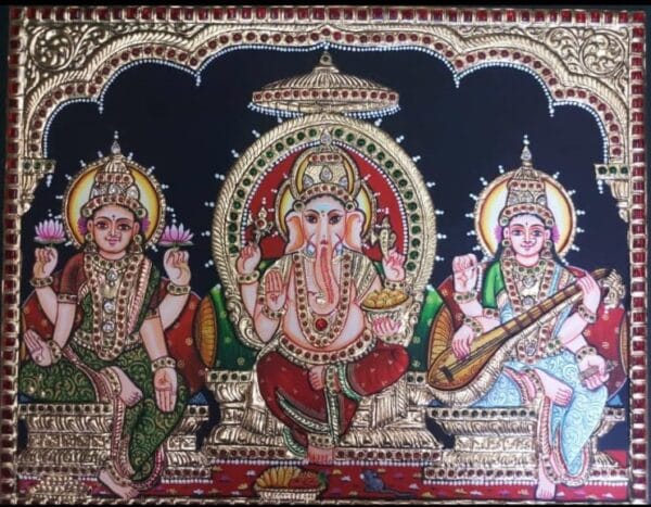 Ganesh Lakshmi and Saraswathi - Tanjore painting - Vennila - 04