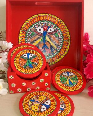 Wooden tray with coasters - Madhubanni painting - Indian handicraft - Soni Jha - 03