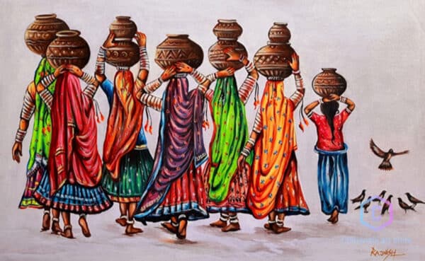 Rajasthani women carrying water handmade painting canvas painting fine art painting Indian art painting