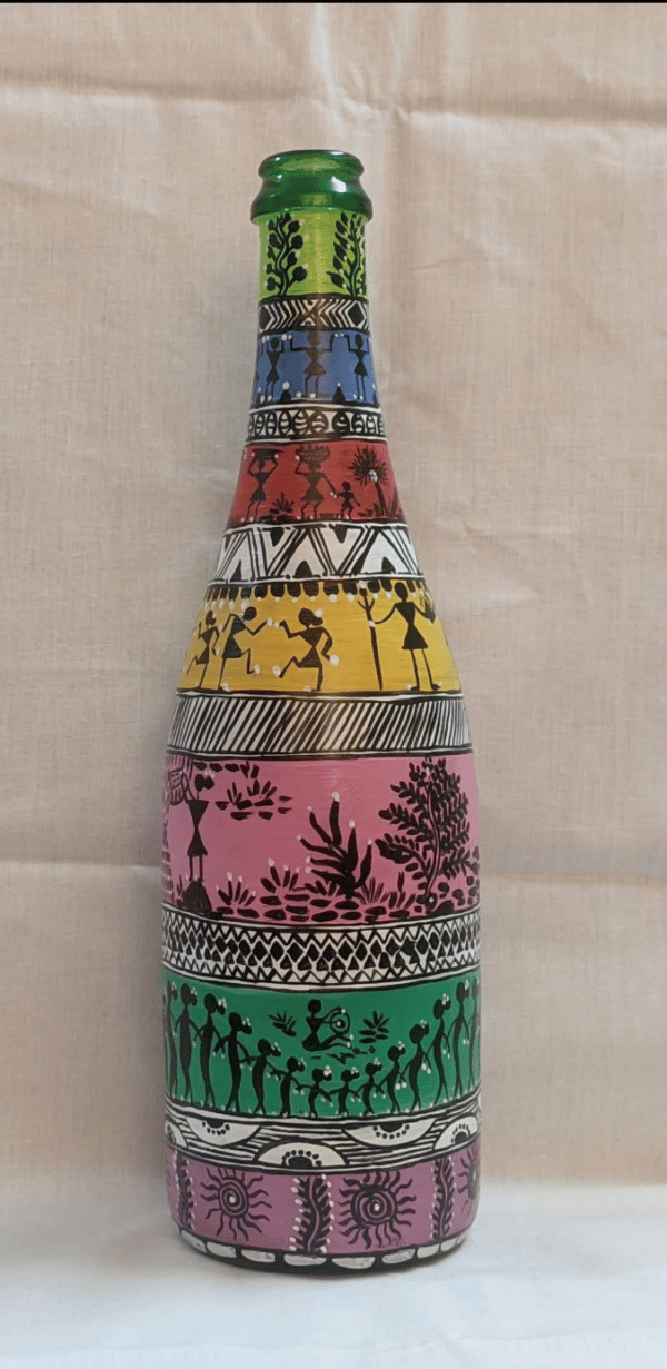 Warli painting on glass bottle - Leena Phuria