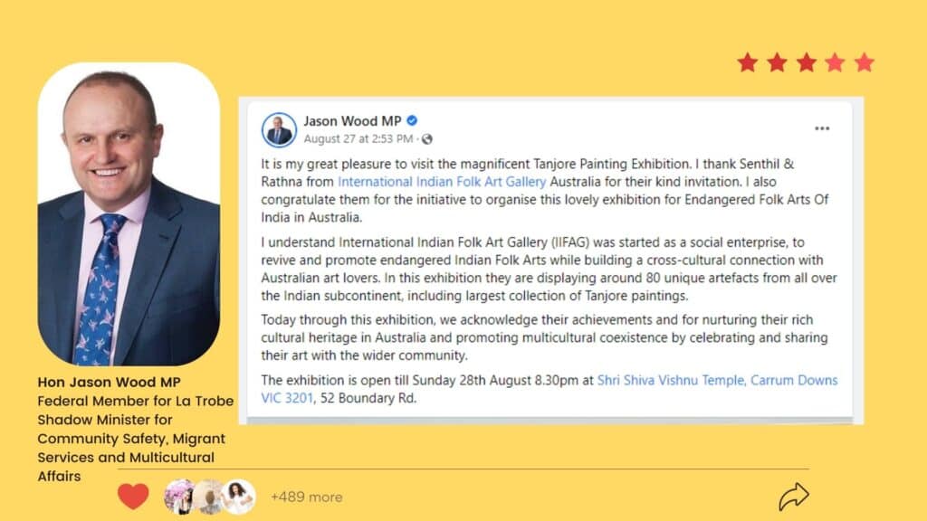 Jason Wood MP Lee Tarlamis MP Feedback Tanjore Painting Exhibition