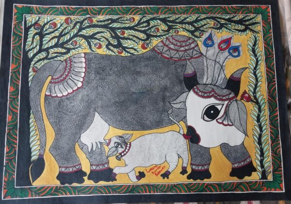 Cow and Calf - Madhubani painting - Laxmikumari - 04