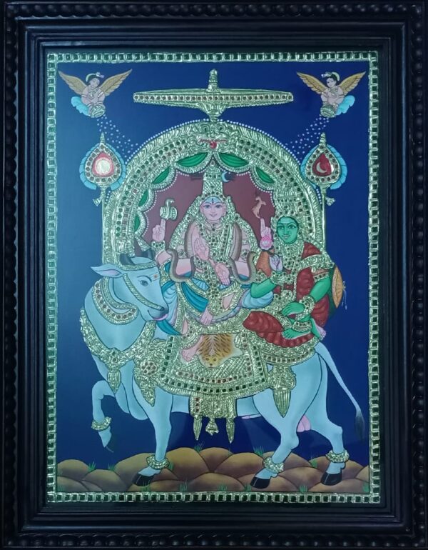 Rishiba Vahanam - Lord Shiva and Parvathi on Nandi Tanjore Painting 18 x 24 with Frame