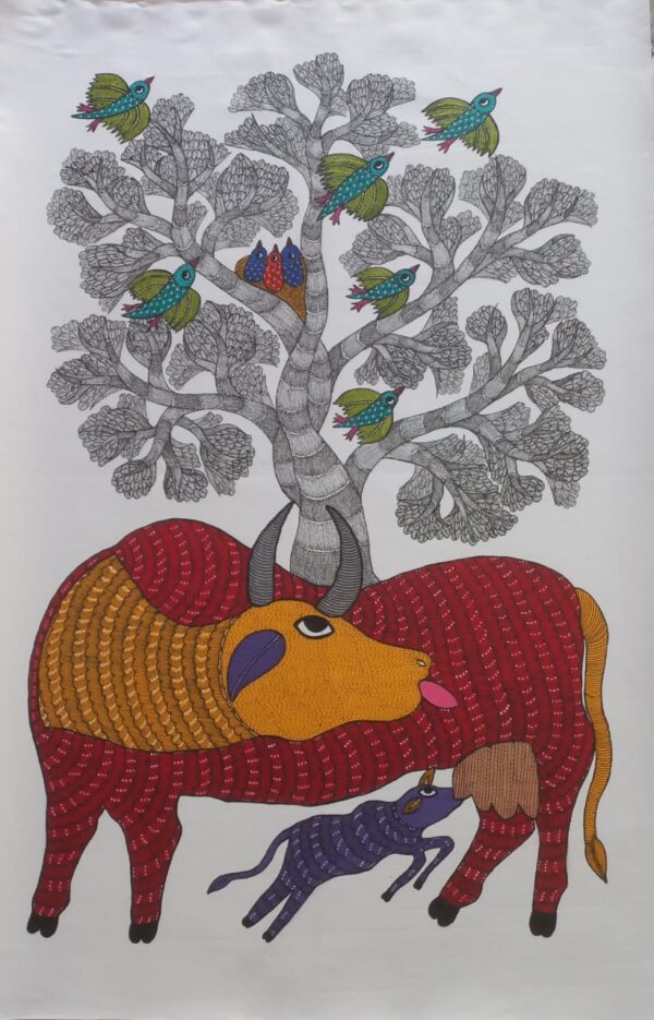 Cow and calf - Gond Painting - Aman Tekam - 01