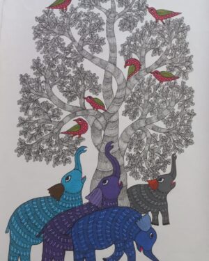 Elephants and Birds - Gond Painting - Aman Tekam - 03