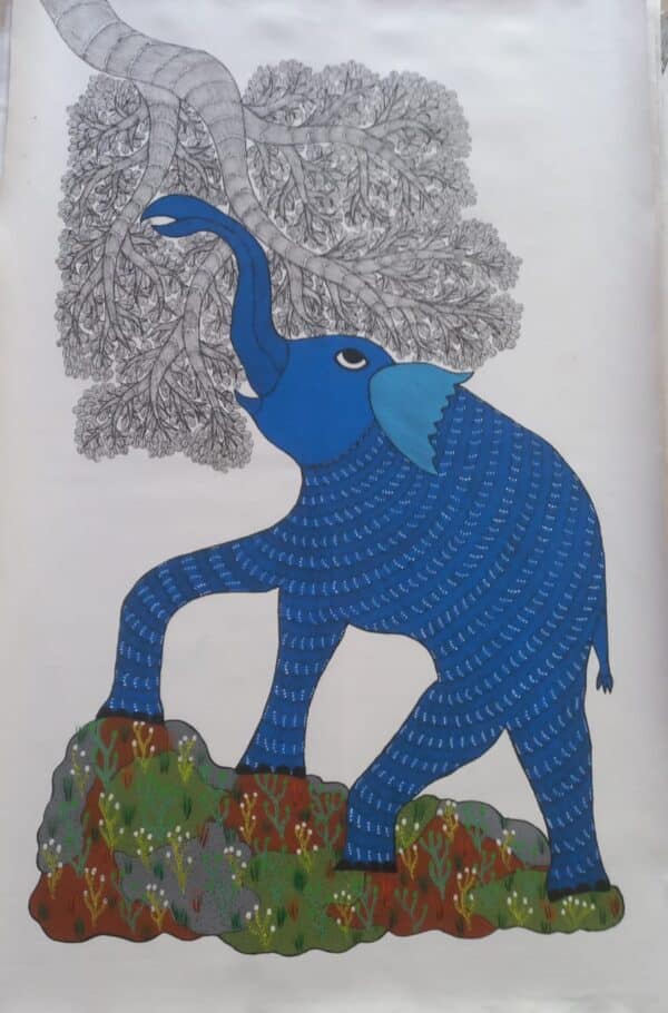 Blue Elephant - Gond Painting - Aman Tekam - 07