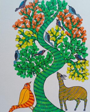 Tree, Bird and Tree - Gond Painting - Manisha - 09