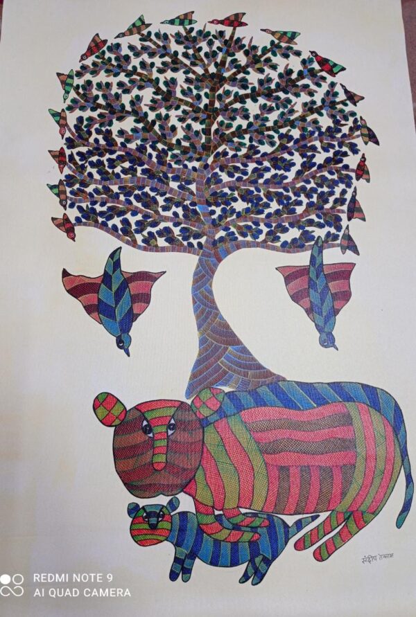 Lion and its Cub - Gond Painting - Sandeep Kumar - 03