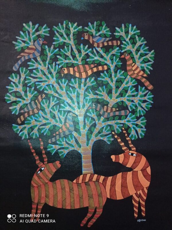 Deer and Birds - Gond Painting - Sandeep Kumar - 04