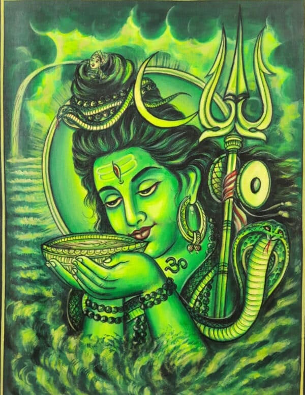 green Shiva drinking poison painting on canvas