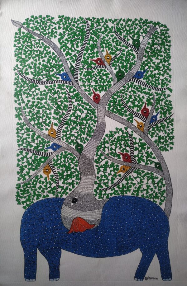 Elephant and Tree - Gond Painting - Shailendra - 05