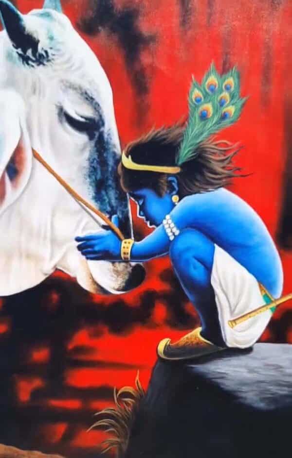 Painting of Krishna, Krishna playing with cow on canvas