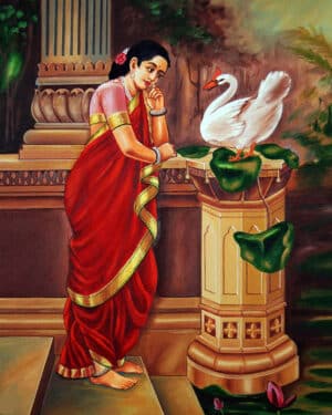 Princess Damayanthi talking with Royal Swan about Nalan.