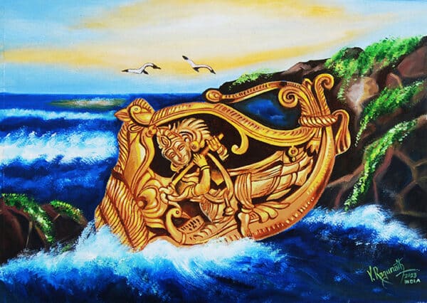 SOUND OF DIVINE MUSIC Decorative art The sculpted conch depicted in this oil painting is a beauty to behold. The huge floating conch in the sea portrayed here is not the normal one found in sea bed. The artist had imagined an extraordinary one with Lord Krishna in the golden sculptural form. The Lord playing flute within the enclosure of the conch is marvellous. The captivating smile of Krishna, the conch swinging along the waves of the ocean is mesmerising. SIZE: 12X16 ”. ORIGINAL PAINTING OIL ON CANVAS. ROLLED. NEW 2023. PAYMENT: Through PAYPAL / NEFT SHIPPING: FREE shipping worldwide within 5 working days after receiving the payment. PACKING: All our paintings are professionally packed in the great care to ensure safe delivery through International courier.