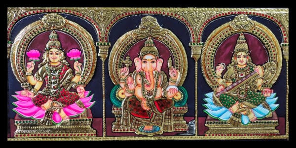 Lakshmi, Vinayagar and Saraswati set of Tanjore Painting | Size: 30" x 12"