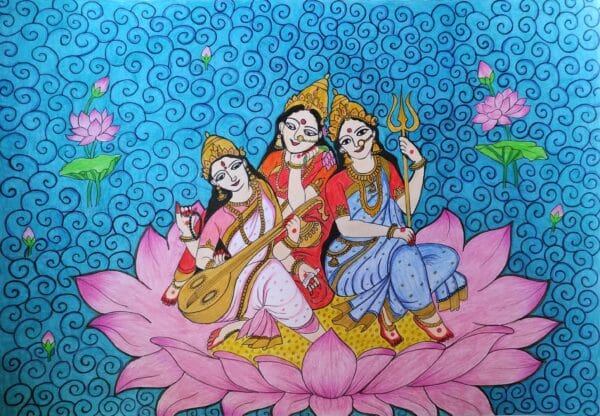 Mahalaxmi Mahasaraswati Mahakaali-Pencil Colour Art (42 cms x 29.7cms)